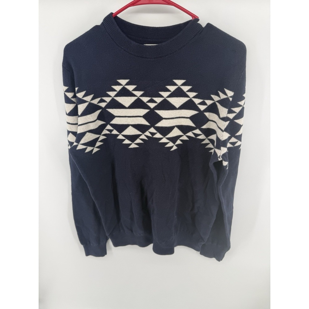 H&M Mens Medium Aztec Geometric Sweater Navy Blue Cream 100% Cotton Crewneck
